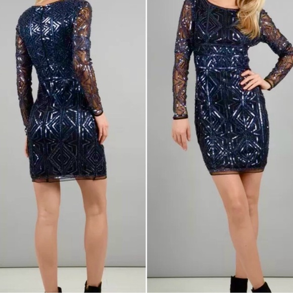 MOLLY BRACKEN SHEER LONG SLEEVE SEQUIN MINI DRESS navy blue size S - Picture 3 of 11